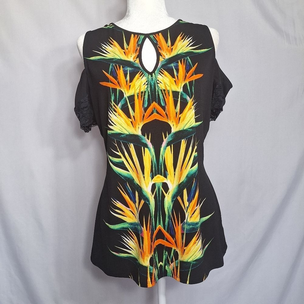 Bisou Bisou Black Top Tropical Cold Shoulder Lace Armband Floral XL Womens